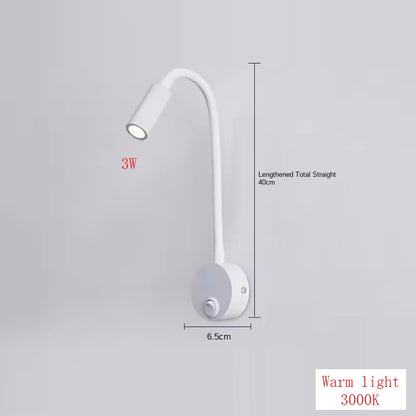 3W LED Gooseneck Reading Wall Lamp Flexible Adjustable With Switch Work Study Wall Mounted 85-265V Bedroom Bedside Night Light