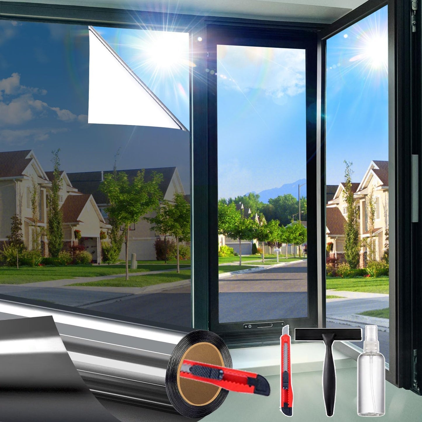 One-Way Daytime Privacy Window Film: See Out, Not In Window Tint for Home Reflective Mirror Glass Window Coverings Sun, Heat