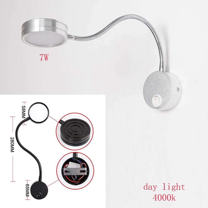 3W LED Gooseneck Reading Wall Lamp Flexible Adjustable With Switch Work Study Wall Mounted 85-265V Bedroom Bedside Night Light