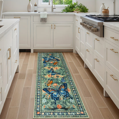 Vintage Butterfly Floral Runner Rug - Boho Hallway Carpet