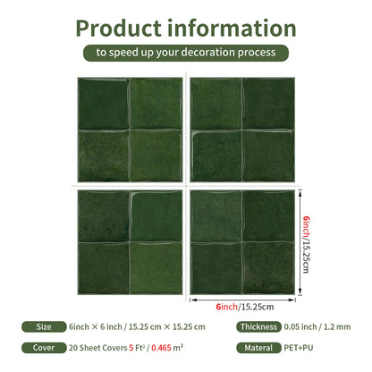 Dark Green Wall Tile Stickers Self-Adhesive PET+PU Waterproof Peel and Stick Backsplash for Kitchen Bathroom Home Decoration