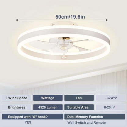 Ceiling Fan & Light, 19.6" Dimmable, 6-Speed Control